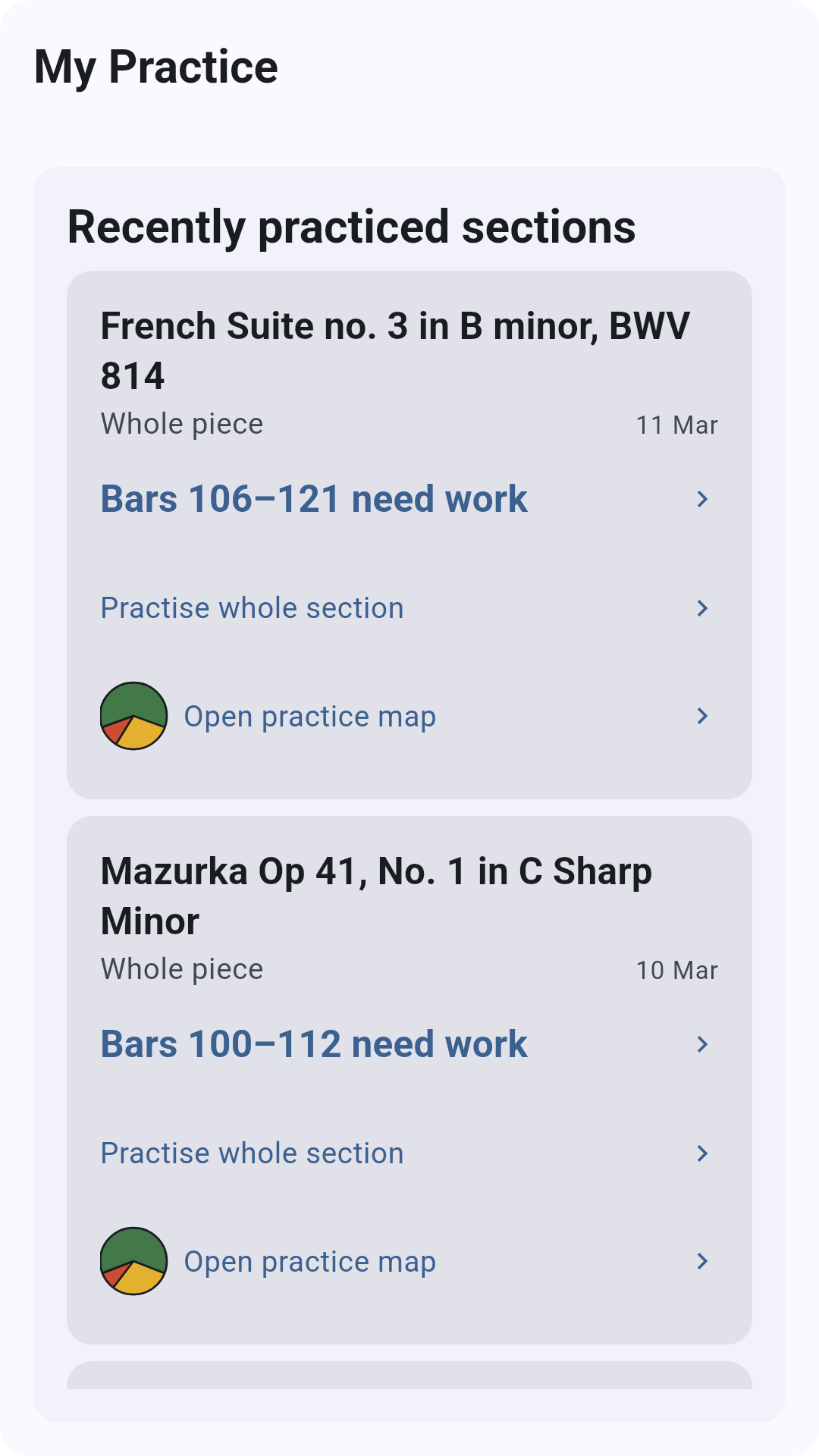 Screenshot showing practice progress tracking