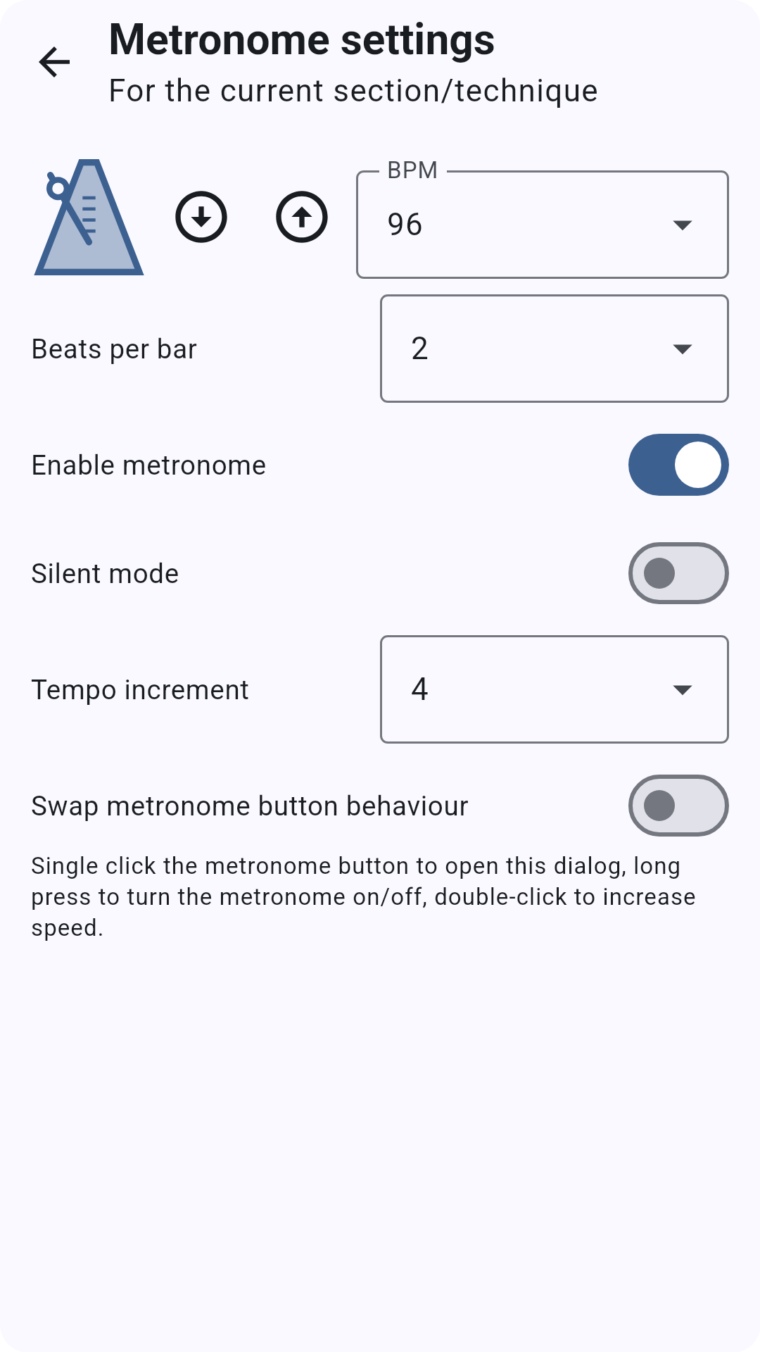 Screenshot showing the built-in metronome with per-section tempo