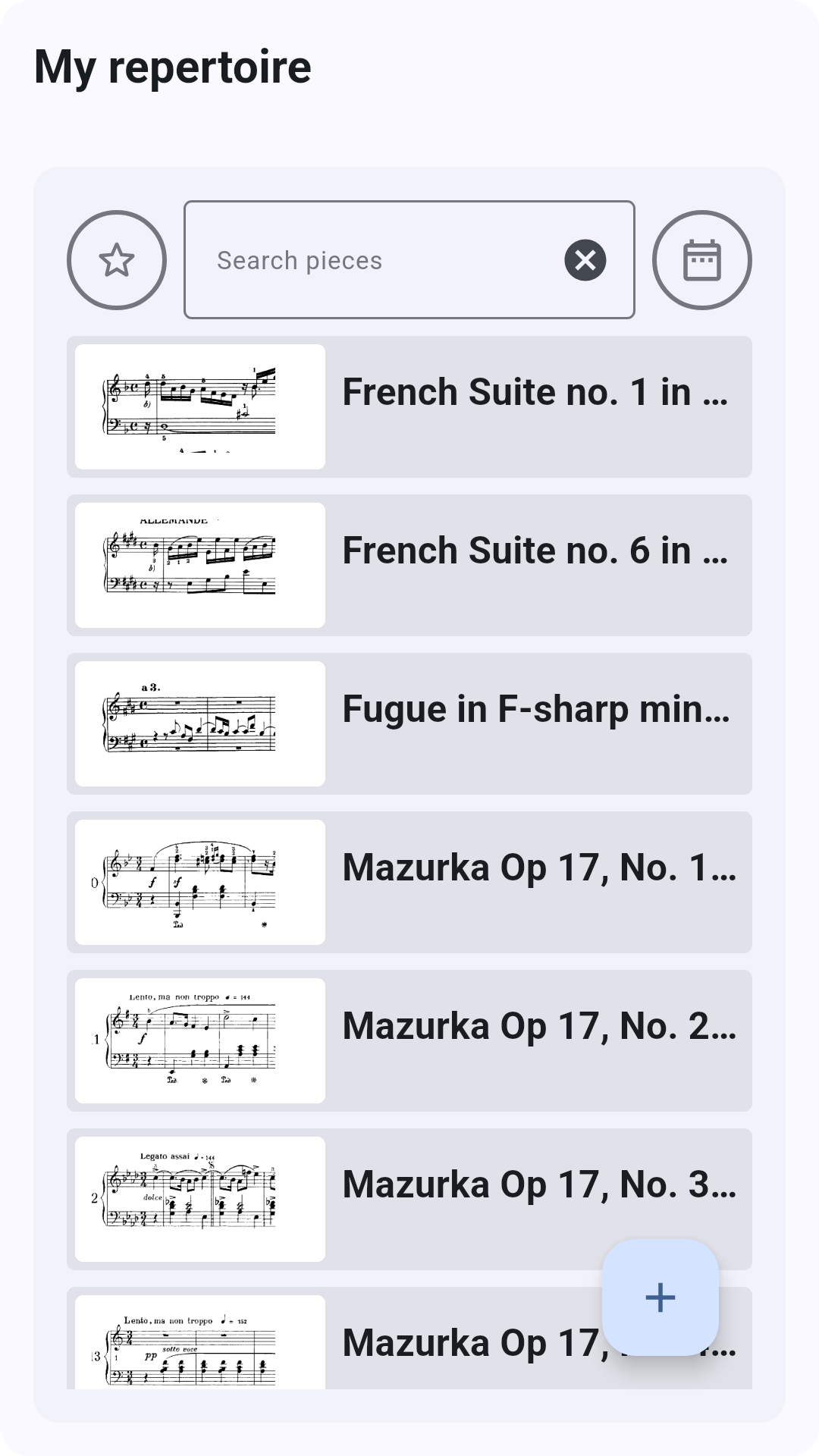 Screenshot showing repertoire organisation