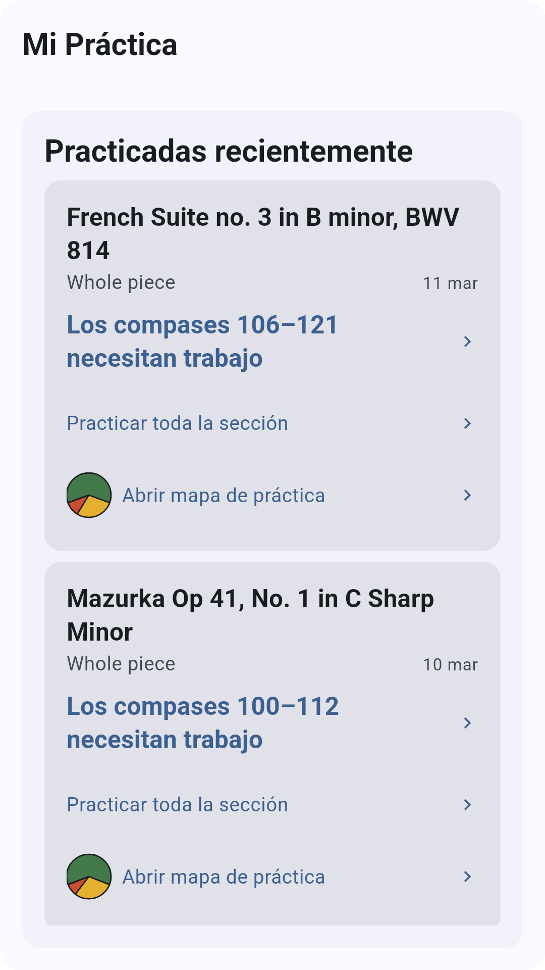Captura de pantalla mostrando seguimiento del progreso de práctica