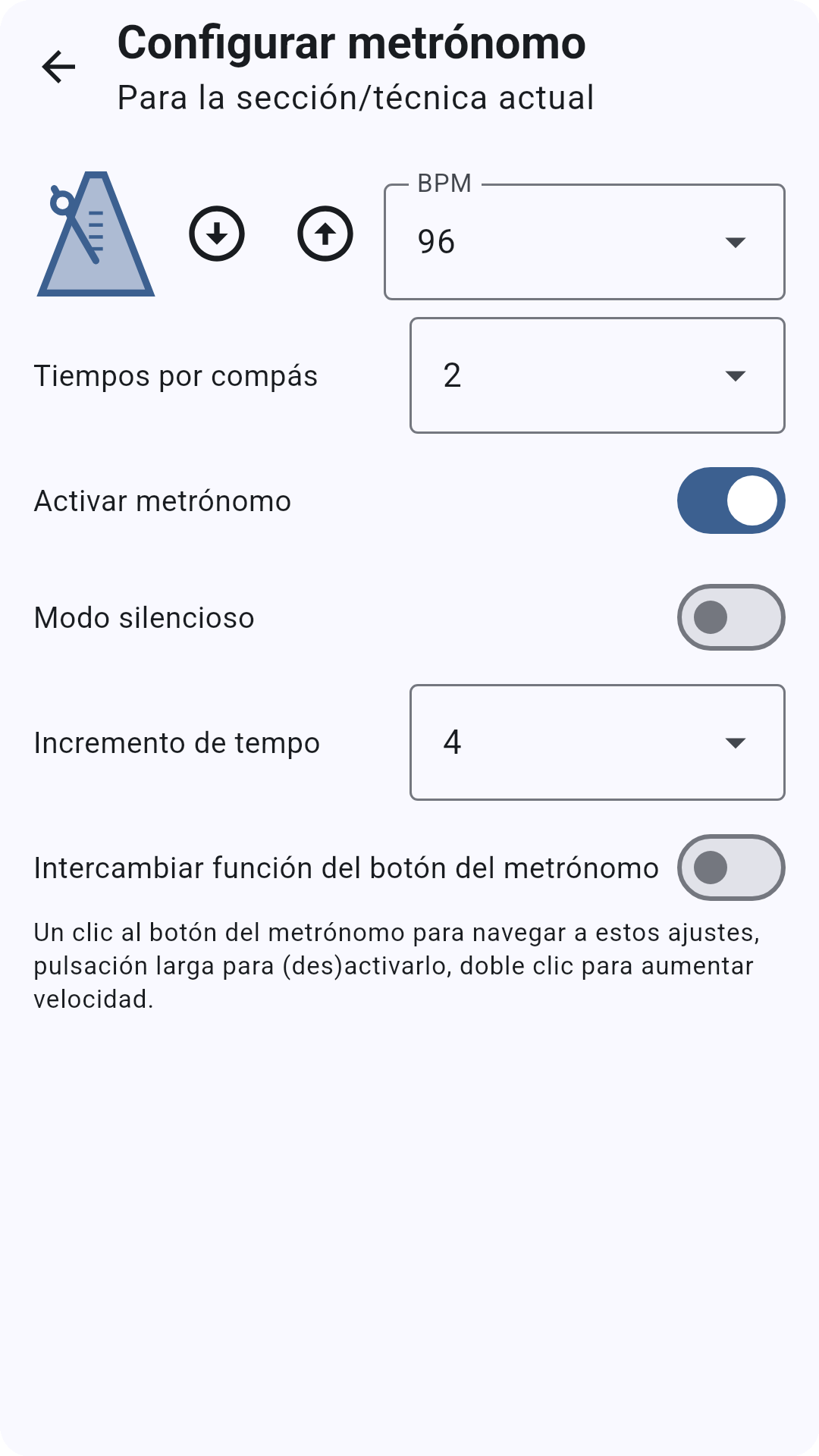 Captura de pantalla mostrando el metrónomo integrado con tempo por sección